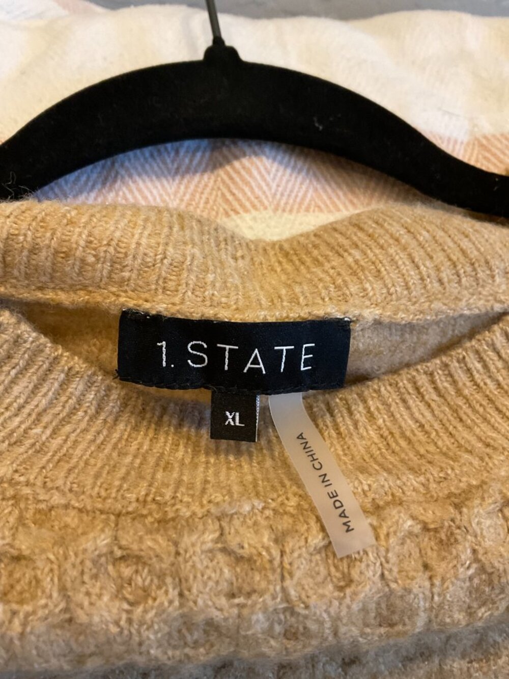 State Cable Knit Sweater Camel Tan Puff Sleeve Mixed Stitch XL - Picture 2 of 4